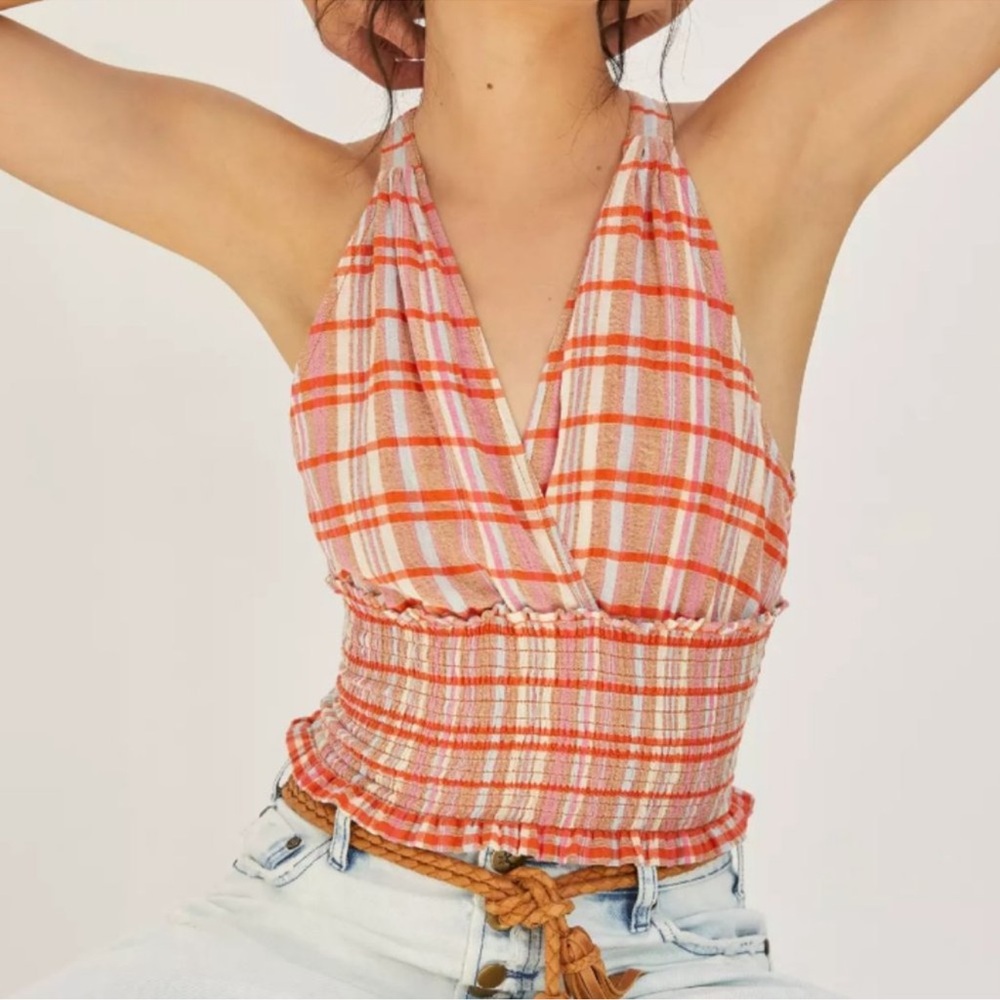 Pilcro Plaid Scrunched Top